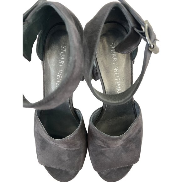 Stuart Weitzman Soho Gal Gray Suede Leather Ankle Strap Block Heel Sandals 5.5 M - Picture 12 of 12